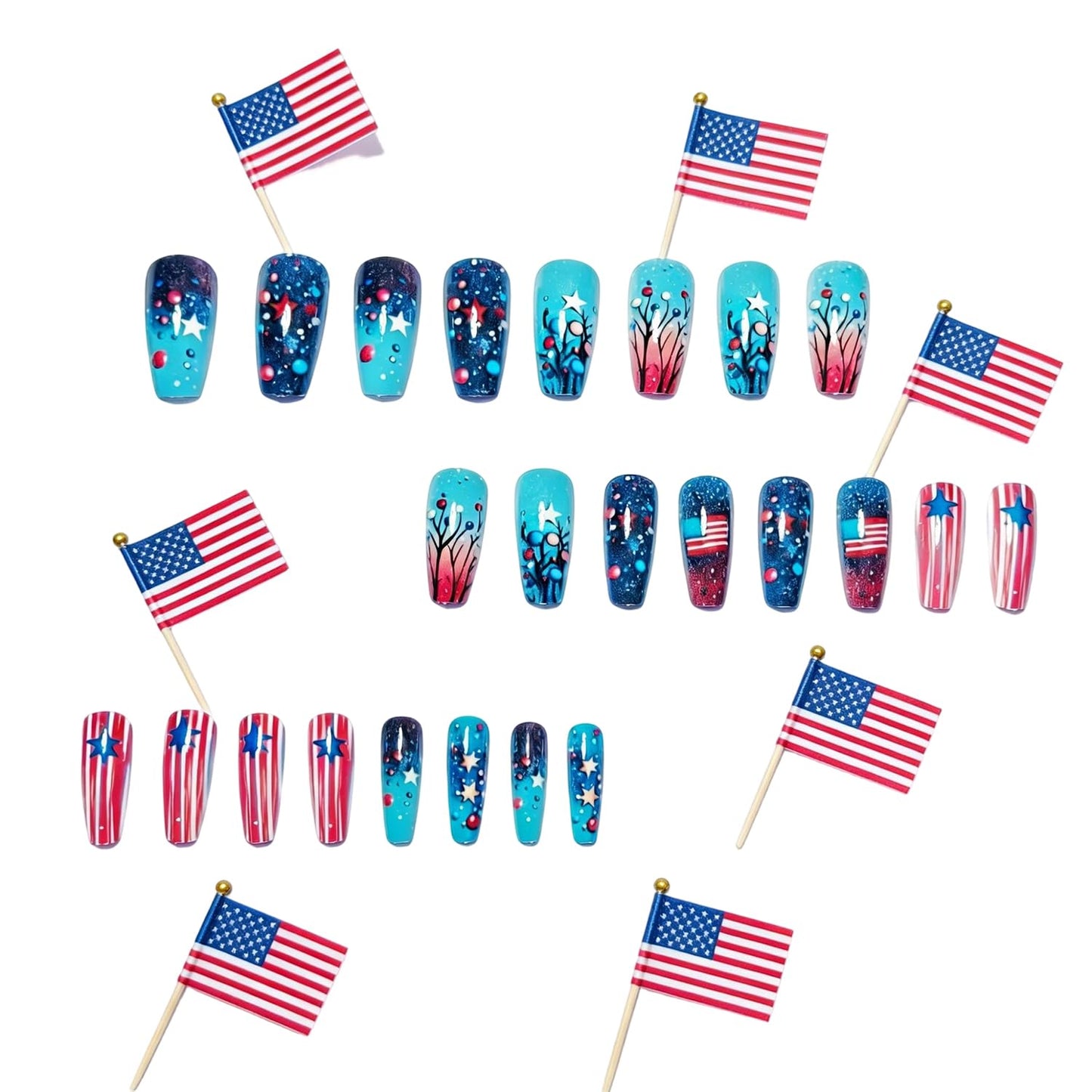 4th of July Press on Nails Ballet Shaped Artificial Fingernails US Flag Colorful Polka Dot Stars Glitter Fake Nails Medium Independence Day Stick on Glue on Acrylic Nail for Women Holiday Manicure