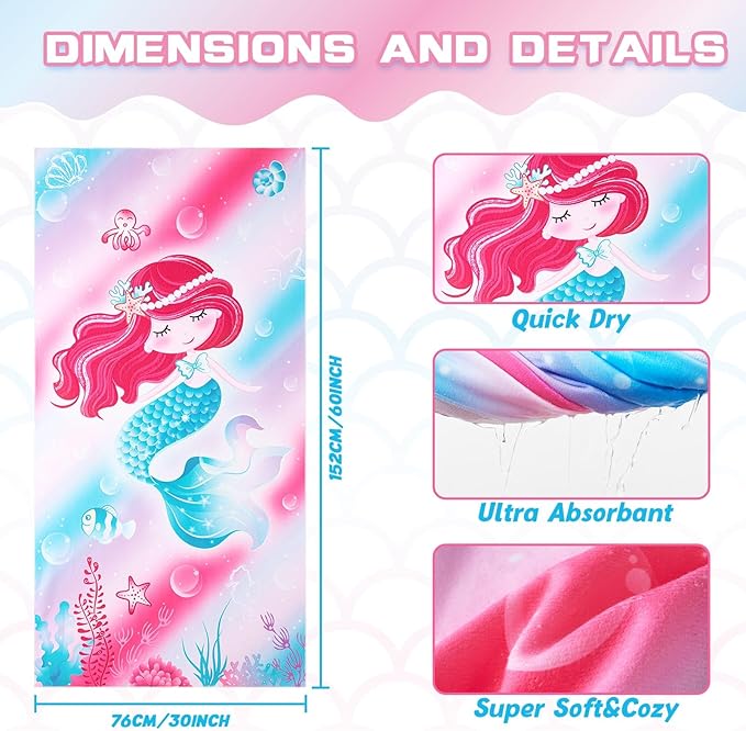 WERNNSAI Mermaid Kids Beach Towel - 30” x 60”Mermaid Sand Free Towels for Girls Quick Dry Swim Towel Beach Blanket Ultra Absorbent Light Beach Towels Travel Towel