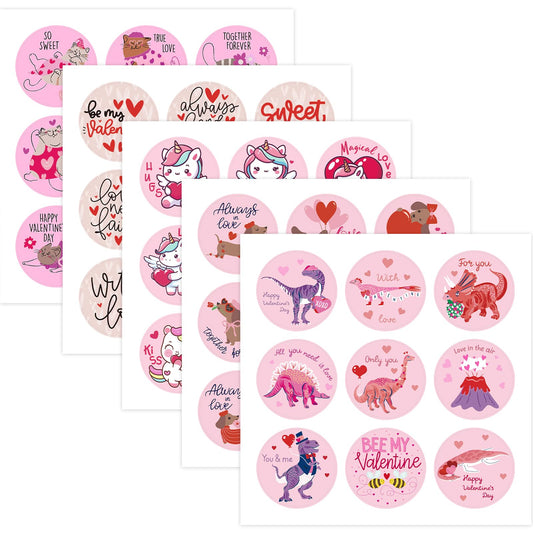 RUSPEPA 270 Pcs Valentine's Day Stickers, 1.5 Inch Round Love Labels with Cute Animals, Unicorns, Dinosaurs & Romantic Quotes, 5 Sets Adhesive Stickers for Gifts, Scrapbooking, Cards, Party Favors