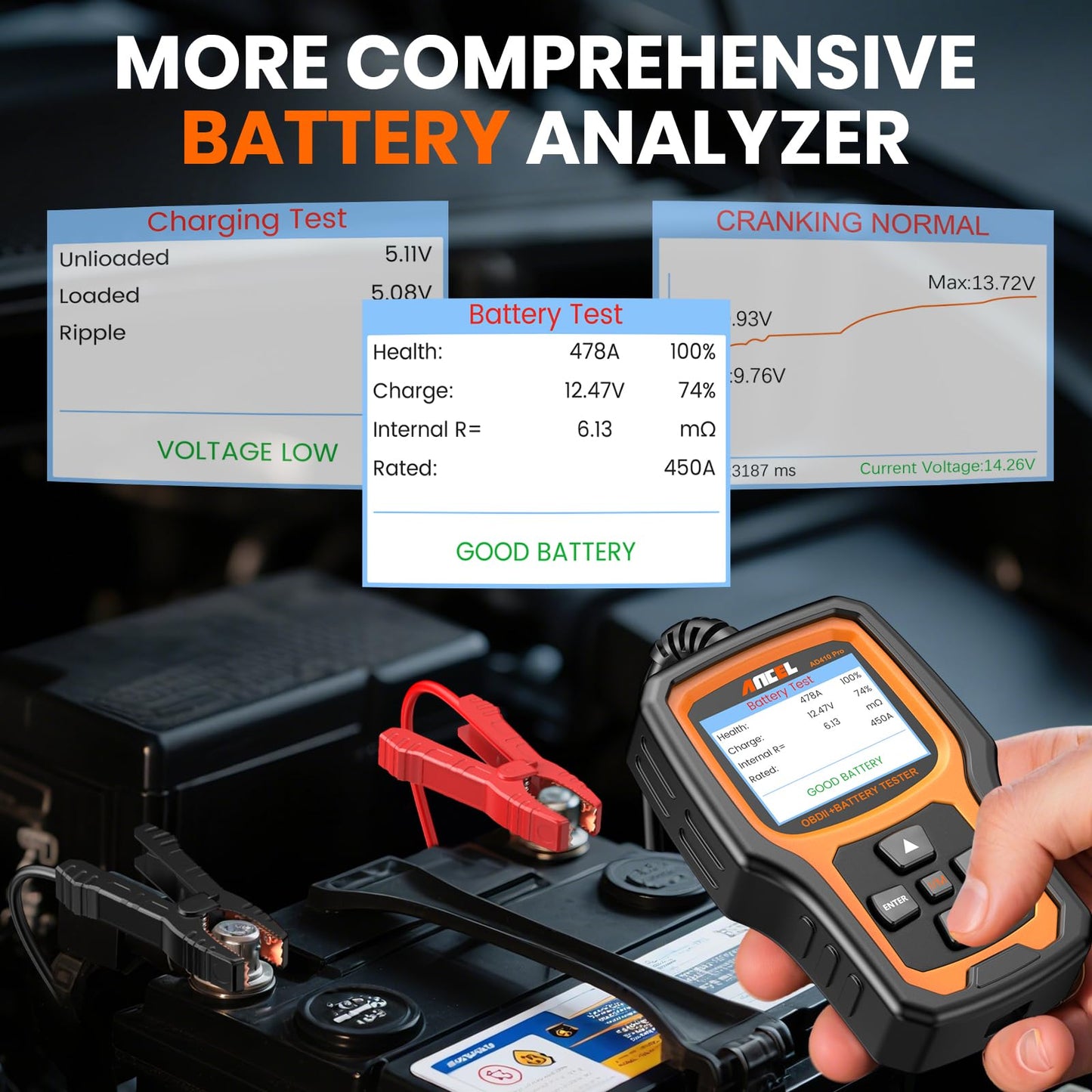 ANCEL AD410 PRO OBD2 Scanner and Battery Tester, 2-in-1 Car Diagnostic Tool, Check Engine Light, EVAP Test, Live Data, 12V Battery Analyzer with Cranking & Charging System Test for Car Motorcycle