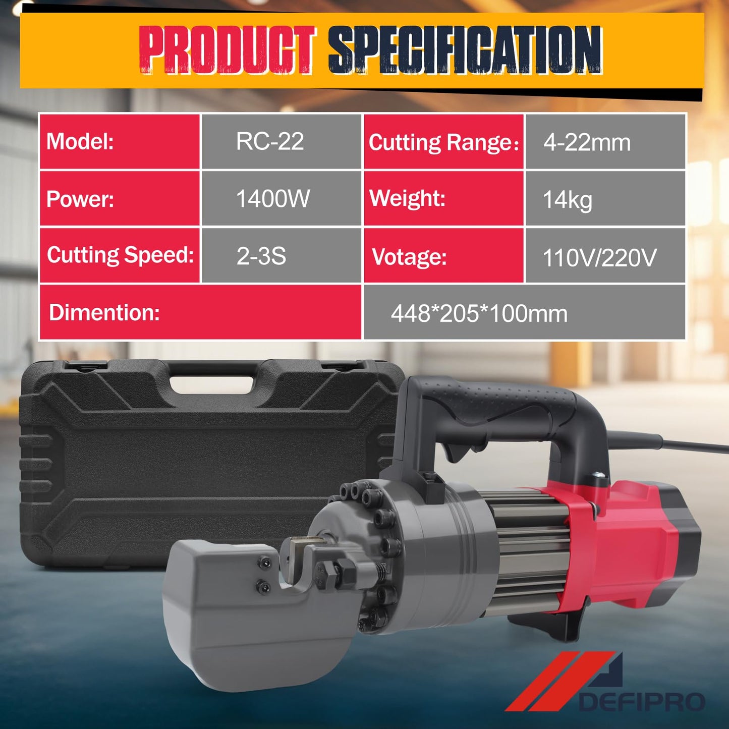 DEFIPRO 7/8 inch Electric Hydraulic Rebar Cutter 1400W, Portable Rebar Cutter 2-3s Cutting Speed Cuts 4-22mm #7 3/8" 5/8" up to 0.87" Rebar/Steel within 2-3s, RC-22