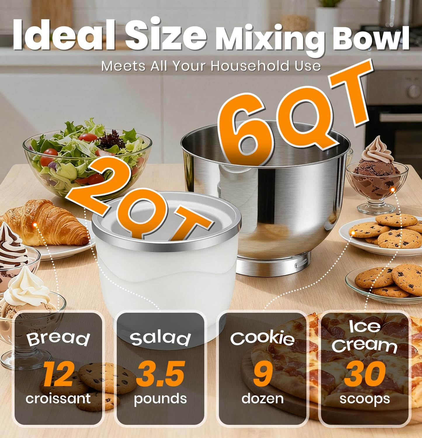 Bonnor Stand Mixer Set, 6QT Kitchen Mixer with LED Touchscreen, 11-Speed Tilt-Head Mixer with Timer, 4 Preset Menus, Stainless Steel Bowl, Dough Hook, Whisk, Beater,Plus 2QT Ice Cream Maker Attachment