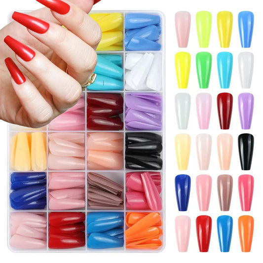 576Pcs Long Coffin Press on Nails Full Cover Color Fake Nails with Designs Glossy Summer False Nails 24 Solid Color Acrylic Stick on Nails Reusable Ballerina Glue on Nail for Women Girls Nail Art DIY