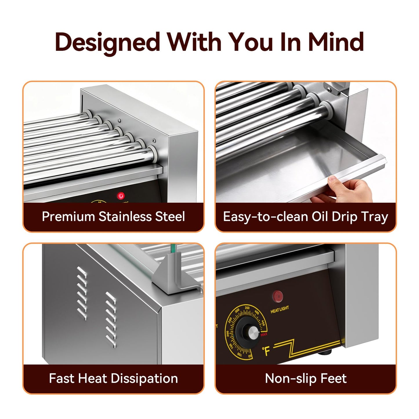 Malphi Hot Dog Roller Grill, 11 Roller with Dual Temperature Control, Stainless Steel Hot Dog Machine with Glass Cover & Bun Warmer, 1650W Commercial Hot Dog Cooker for 30 Hot Dogs.ETL Certified