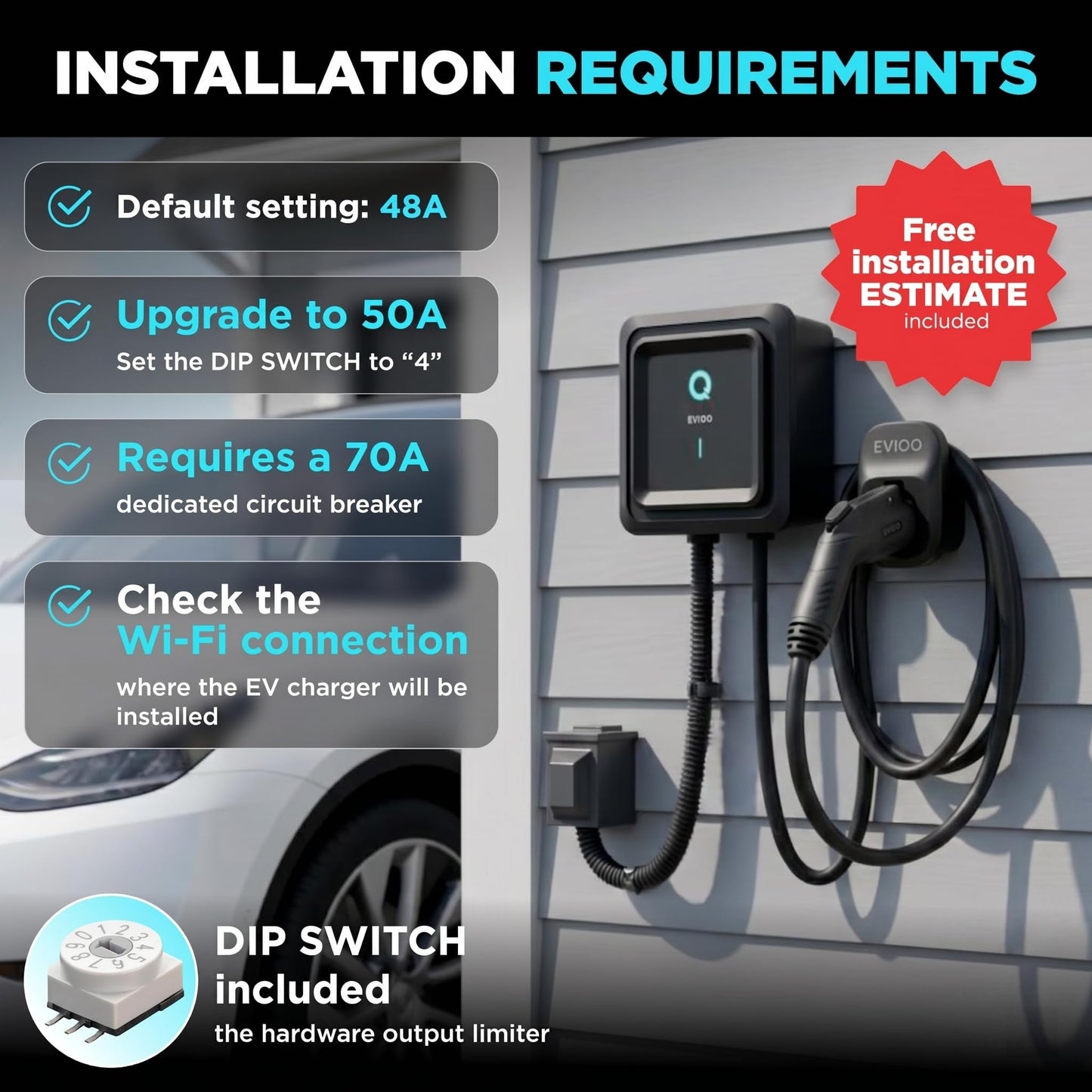 EVIQO Level 2 EV Charger, 48 Amp 240V, J1772 Charger for Non-Tesla EVs, 25ft Cable, WiFi (2.4GHz) Smart App, Weatherproof Indoor/Outdoor (IP66, NEMA 4), UL & ETL Certified, Hardwired, 11.5kW
