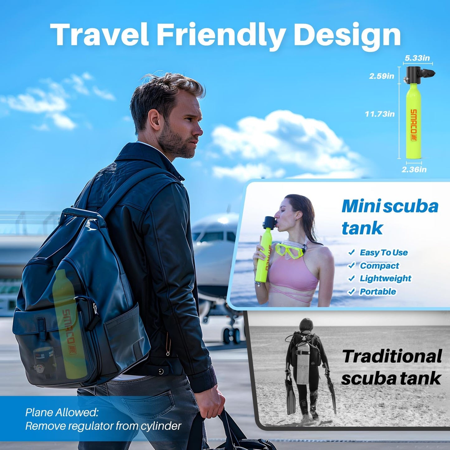 SMACO Mini Scuba Tank 0.5L Portable Small Diving Tank for Underwater Breathing Reusable Diving Cylinder Lung Air Tank for Emergency Rescue Boat Cleaning Backup Air Source Pony Bottle S300 C Green