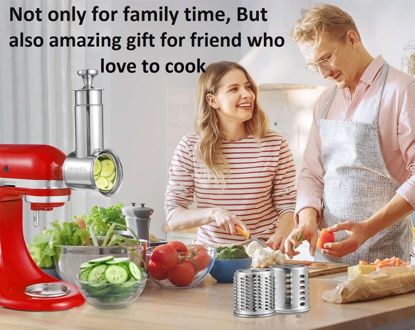 FavorKit Slicer Shredder Attachment for KitchenAid Mixers, Stainless Steel Cheese Grater Salad Maker Accessories with 3 Cutting Blades,Dishwasher Safe!