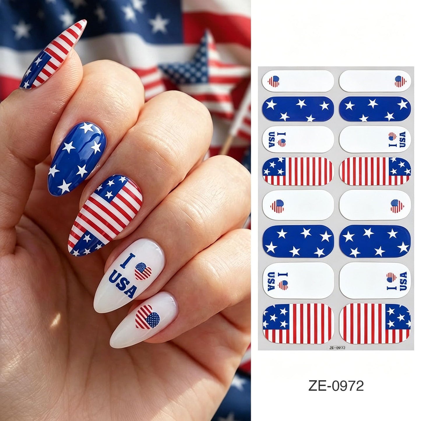 4th of July Nail Wraps Stickers Red Blue White Star Nail Strips Stickers Patriotic Nail Polish Strips Nail Accessories Independence Day Nail Art Supplies for Women DIY Manicure Nail Decoration 2Pcs
