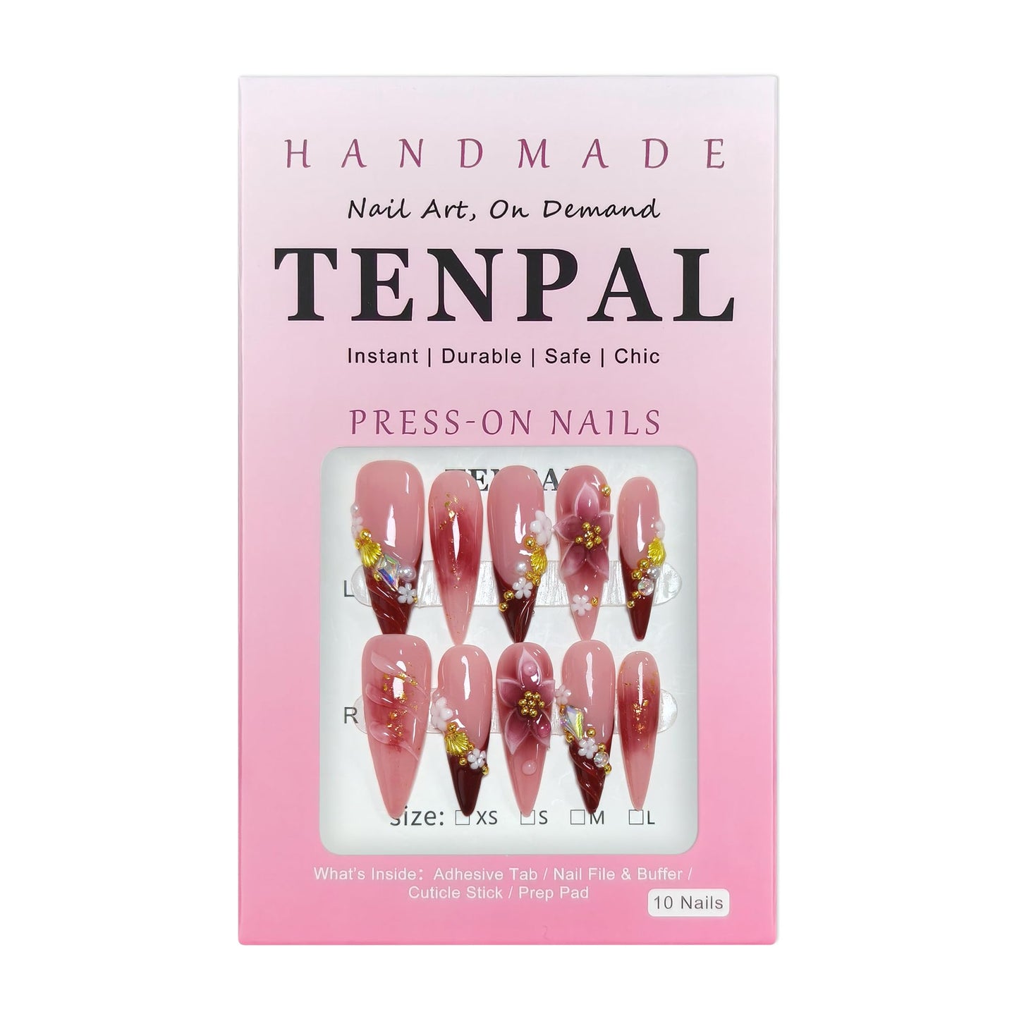 TENPAL Handmade Press on Nails Long Stiletto - Burgundy French Tips 3D Floral Embossed Glossy False Nails for Women Girls Fall Winter- Glossy Acrylic Y2K Nails for Parties Date Daily Wear(L)