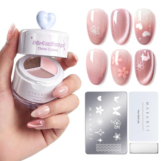 Makartt ColorPot 5-in-1 Nail Art Gel: 3 Colors Gel Nail Polish No Wipe with Nail Stamp for Stamping, French Tips, Ombre Patting, Painting, Sculpting with Silicone Head for Diy Cute Nails at Home Salon
