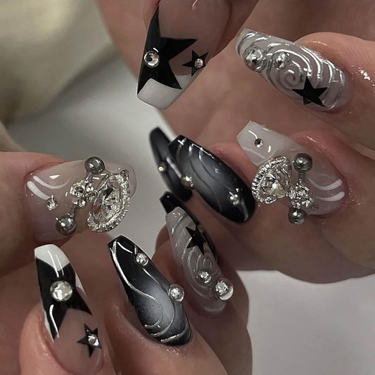 RTKHFZE Press on Nails Medium Coffin Fake Nails Black Gradient Acrylic Press on False Nails with y2k Planet Flash Diamond Artificial Press on Nails with Design Stick on Nails for Women