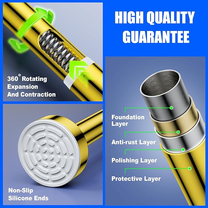 Ausemku Shower Curtain Rod Tension - 26-76 Inch Never Rust Non-Slip Spring Tension Curtain Rod No Drilling Stainless Steel Curtain Rod Use Bathroom Kitchen（Gold）