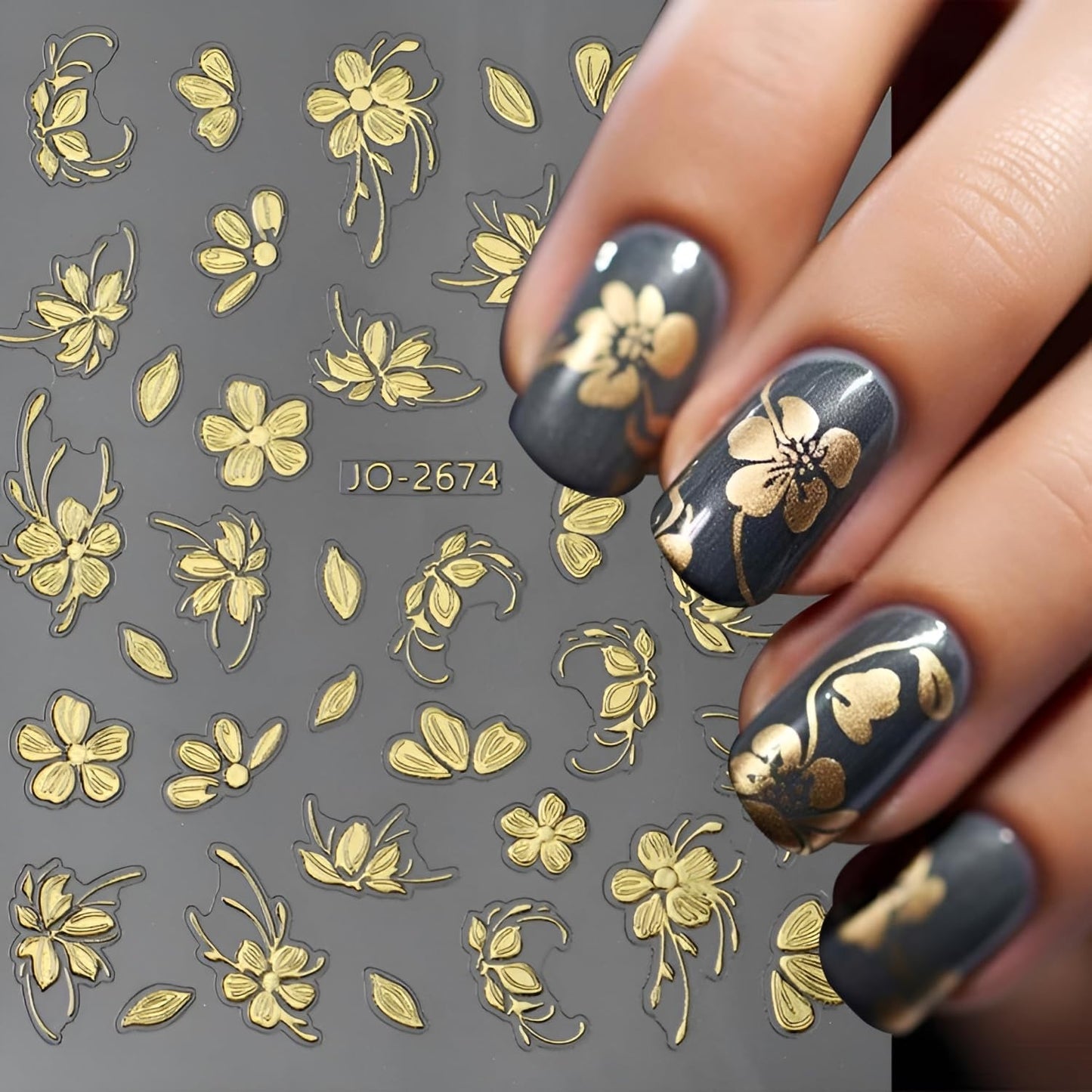 12 Sheets Flower Nail Art Stickers 3D Self Adhesive Gold Nail Decals Summer Spring Nail Stickers for Nail Art Design Flower Nails Supplies for DIY Acrylic Nails for Women Girls