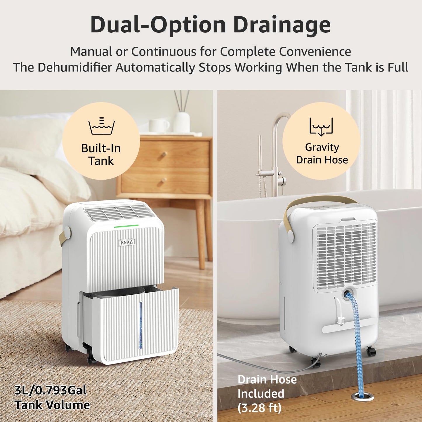 KNKA 2500 Sq.Ft Dehumidifiers for Home with Drain Hose Max 34 Pints, Dehumidifier for Basement, Bedroom, Bathroom, Large Room, Three Modes, Intelligent Humidity Control, Dry Clothes, 24HR Timer