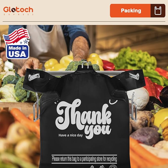 Glotoch 10000 (10K) Count Plastic Thank You T-shirt Bags Black, 11.5 x 6.5 x 21" Grocery Shopping Bag with Handles for Restaurant, Retail, Togo, Takeout, Convenience Stores, in Bulk for Small Business