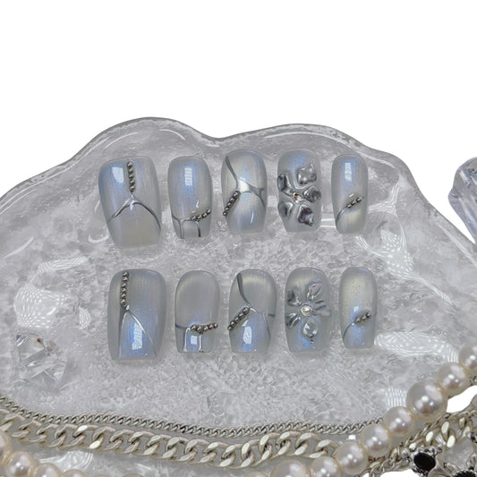 Medium Square Press on Nails Cat Eye Handmade False Nails with Designs, French Tip Short Coffin Reusable Fake Nails (Cyber Silver#Small)