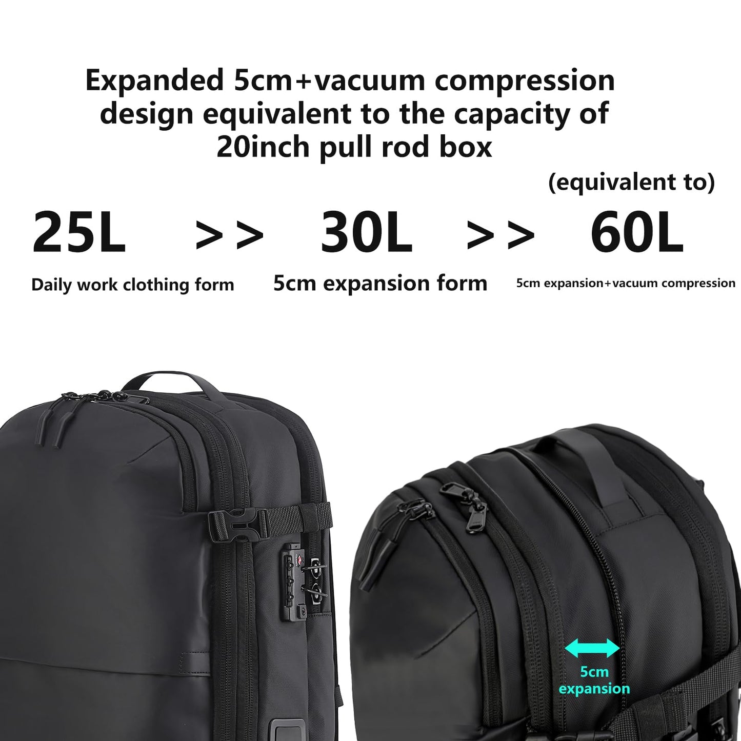 LIGHTGO] Travel-friendly Vacuum Packing Backpack with Built-in Air Pump, Portable Compression Cube, TSA-approved Lock, and Waterproof for College Students and Family Trips.