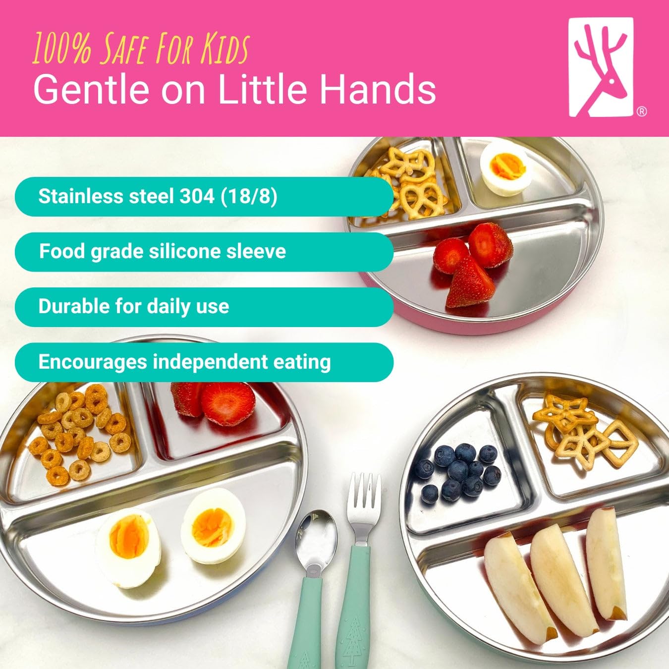 Stainless Steel Divided Plates + Silicone Sleeve and Storage Lid | Baby, Toddler, Kids | Dinner & Snack Plates | 4 Pack
