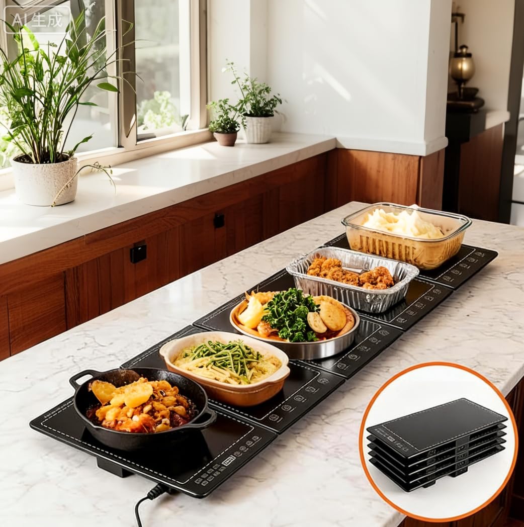 Electric Warming Tray,5-in-1 Modular Electric Food Warmers w/ 10 Heat Settings and 12H Timer,41"x 15" Warming Mat for Food, Built-in Thermostat and Surface Heating, Warming Tray for Buffet, Gatherings