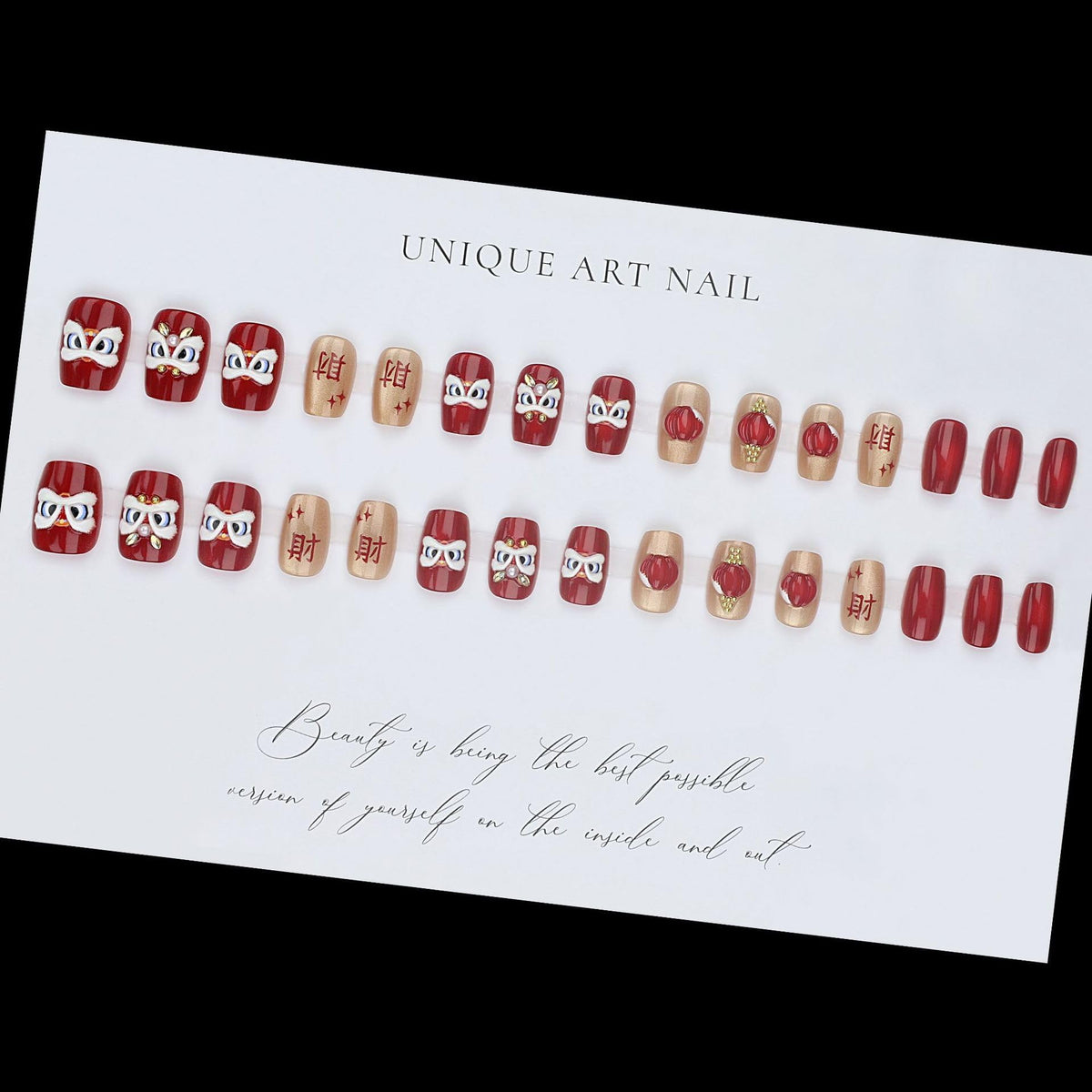 plalely Square Press on Nails Short Red Fake Nail Cute 3D Chinese Lion and LanternforChinese New Year Acrylic Nail Press ons Best WishesStick on Nail for Women 24pcs
