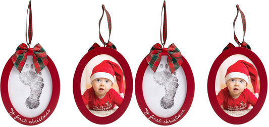 Pearhead Babyprints Double-Sided Christmas Photo Ornament with Clean Touch Ink Pad, Baby's First Christmas Holiday Keepsake Ornament, Newborn Handprint or Footprint Kit, 2 Sided, Red (Pack of 2)