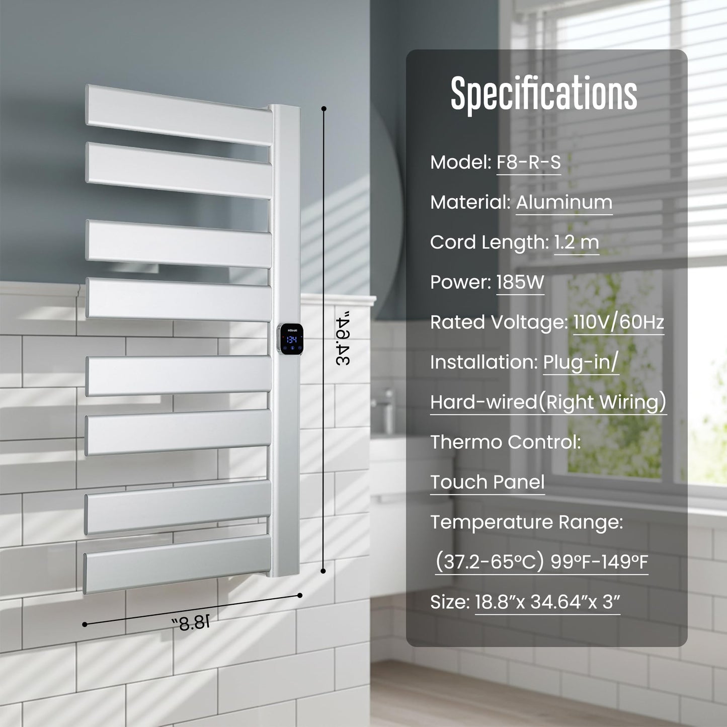 HSTRUKT Towel Warmer, Heated Towel Rack with Built-in Timer and Temperature Control,Hard-Wired(Right-Wiring)/Plug-in Wall-Mounted Towel Rail, Aluminum, 18.8" W X 34.64" H, Silver