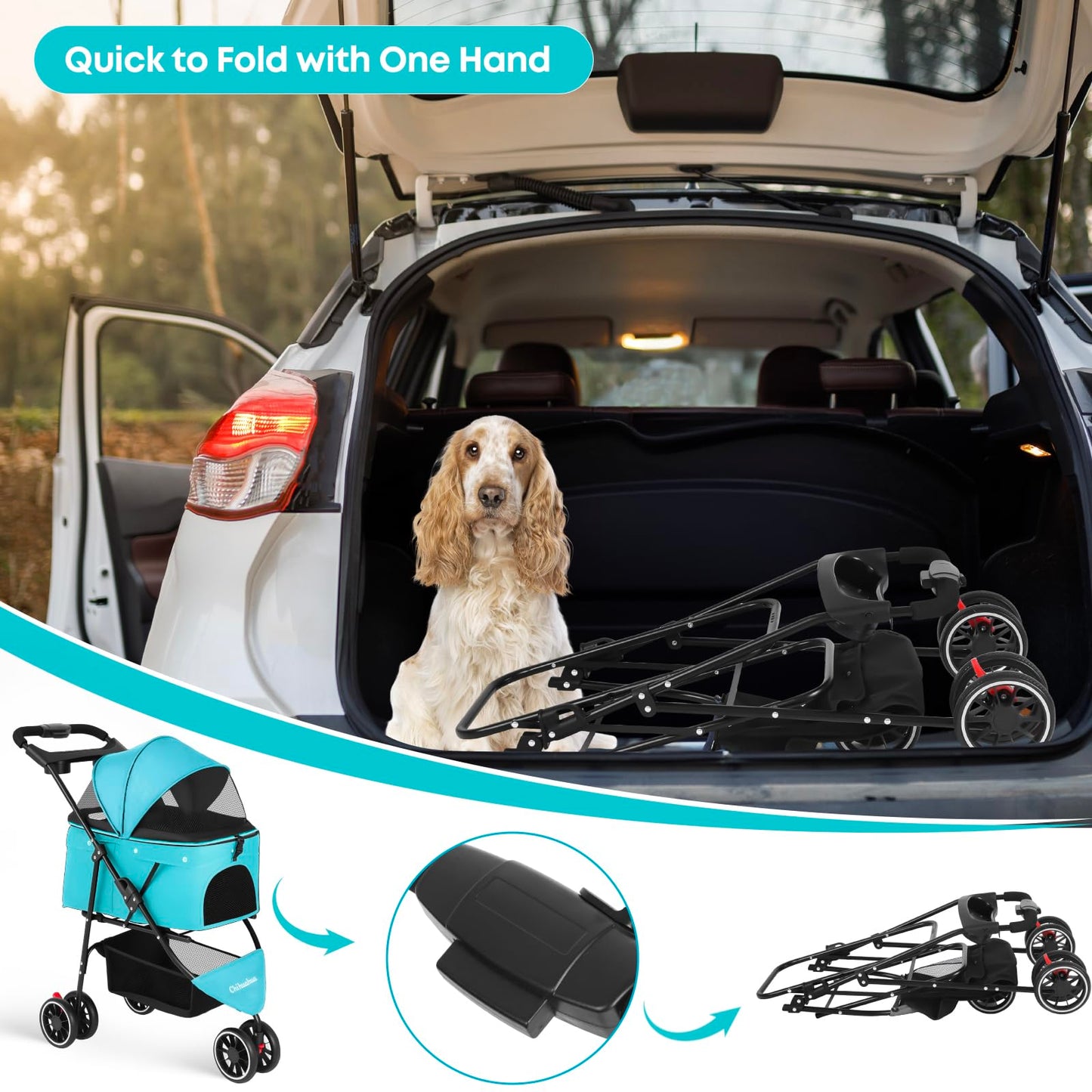 Pet Stroller,Dog Stroller for Small Medium Dogs Cats,3 Wheels,Foldable,with Breathable Mesh Canopy,Cup Holders,Easy Assembly,Mint Green