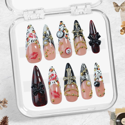 Gothic Press On Nails Long Stiletto, Handmade 3D Rhinestone Cross Pearl Charm Nails with Leopard and Lip Design, Glossy Full Cover Acrylic Reusable 10pcs Nail Set for Women Party Cosplay – Appife