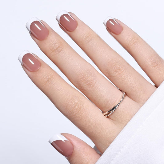 White French Tip Press On Nails - Brown Short Square Fake Nails, Square Press On Nails Reusable Stick On Nails in 15 Sizes, 30pcs False Nail Kit for Women & Girls (Cocoa French)