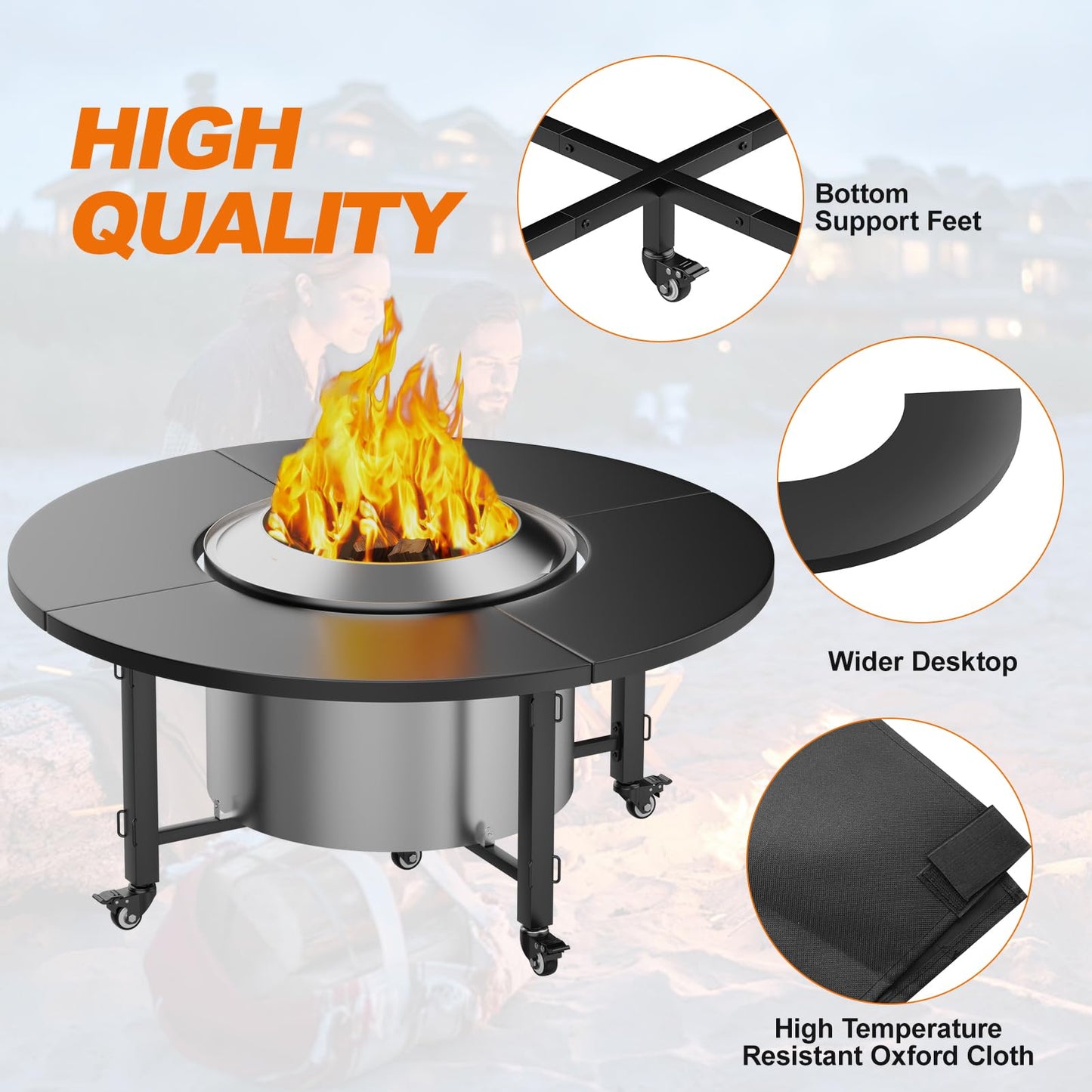 Fire Pit Surround Tabletop for Solo Stove Bonfire,Foldable Surround Table with Wheels for Safety & Easy Clean,42" Powder-Coated Steel Wood Burning Stove Surround Table Top,Accessories for Solo Stove