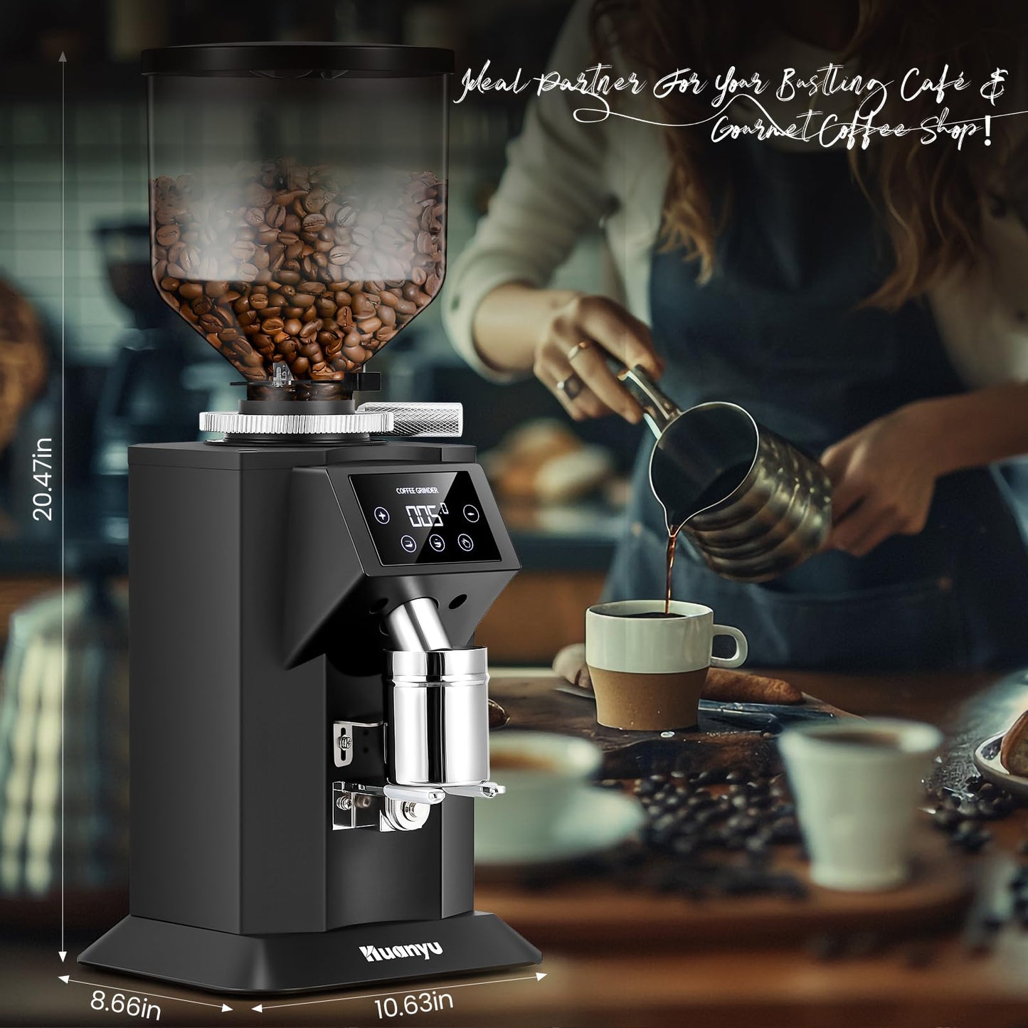 Huanyu Commercial Coffee Grinder with 74mm Flat Burr Reinforced 53oz Bean Hopper (40% Thicker), 15 Stepless Grinds, Touch Screen Black