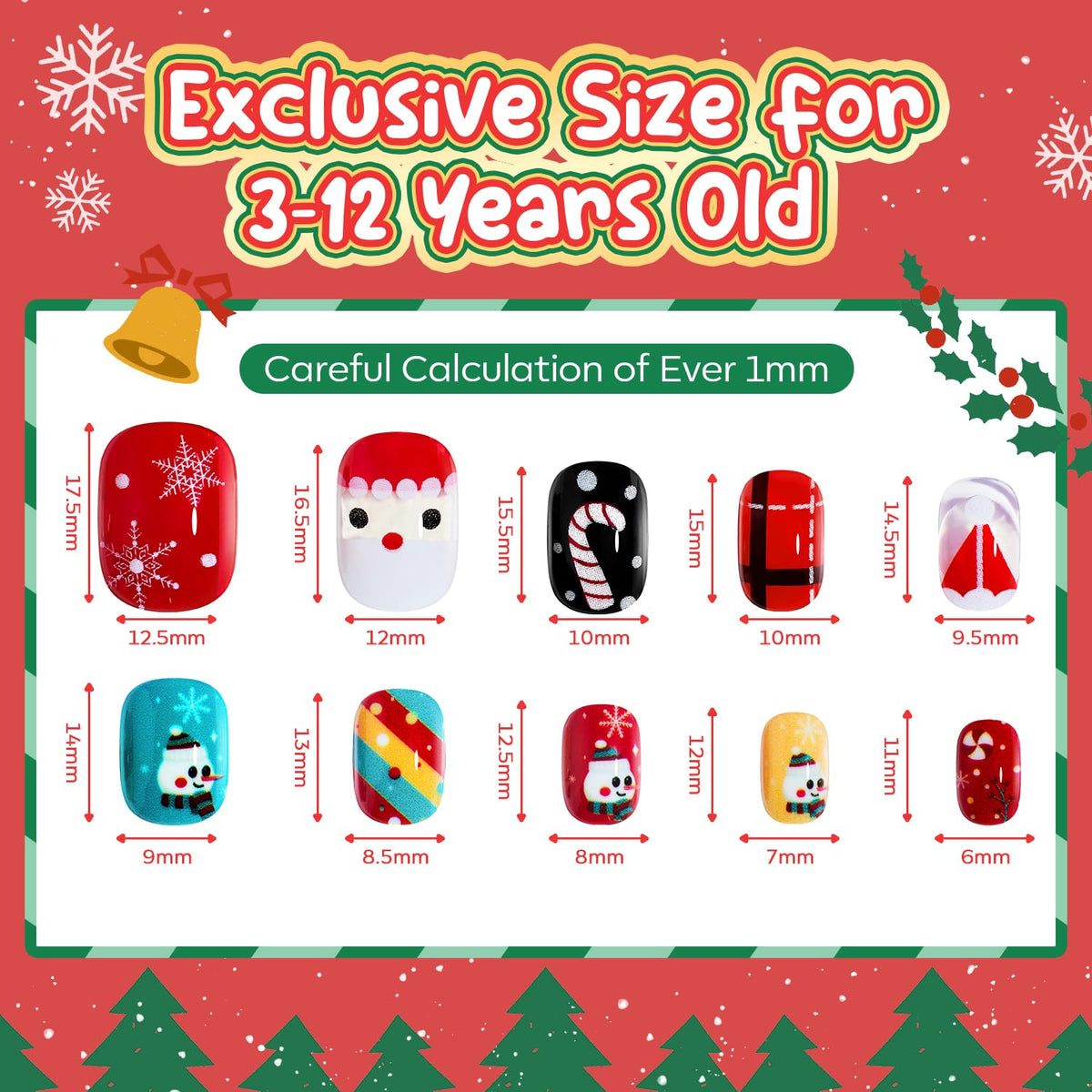 Modelones Christmas Press on Nails for Kids 144Pcs 6 Pack Children Girls Toys 8-10 Acrylic Fake Nails Pre-glue Full Cover Snowflake Red Xmas Short False Nail Art Kits Sets Gifts For Kids Girls