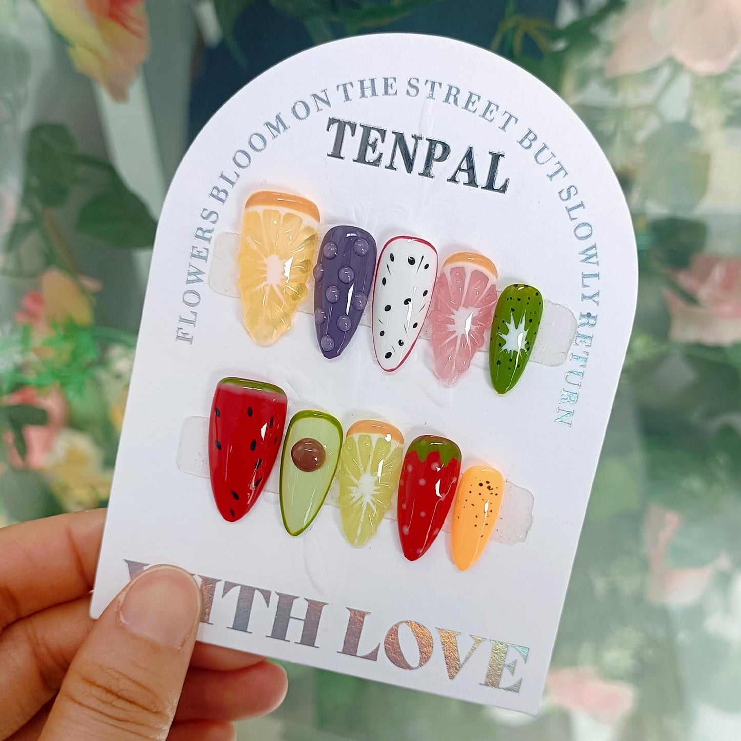 TENPAL Summer Fruit Press on Nails - Vibrant Almond Shaped Fake Nails with Kiwi, Watermelon & Avocado Designs | Reusable Colorful Nail Art for Women | Tropical Fruit Manicure Set (Medium Length,M)