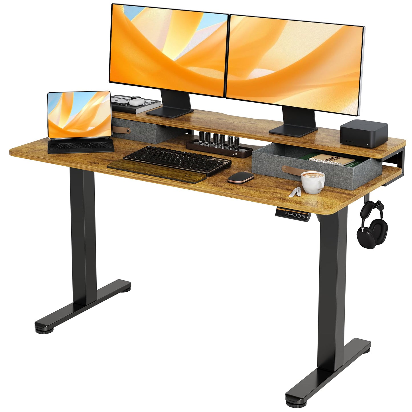 Seang Electric Standing Desk with 2 Drawers, Adjustable Standing Desk with Storage Shelf, Height Adjustable Stand up Desk for Home Office with 3 Presets & 2 Hooks, 55 Inch, Rustic Brown