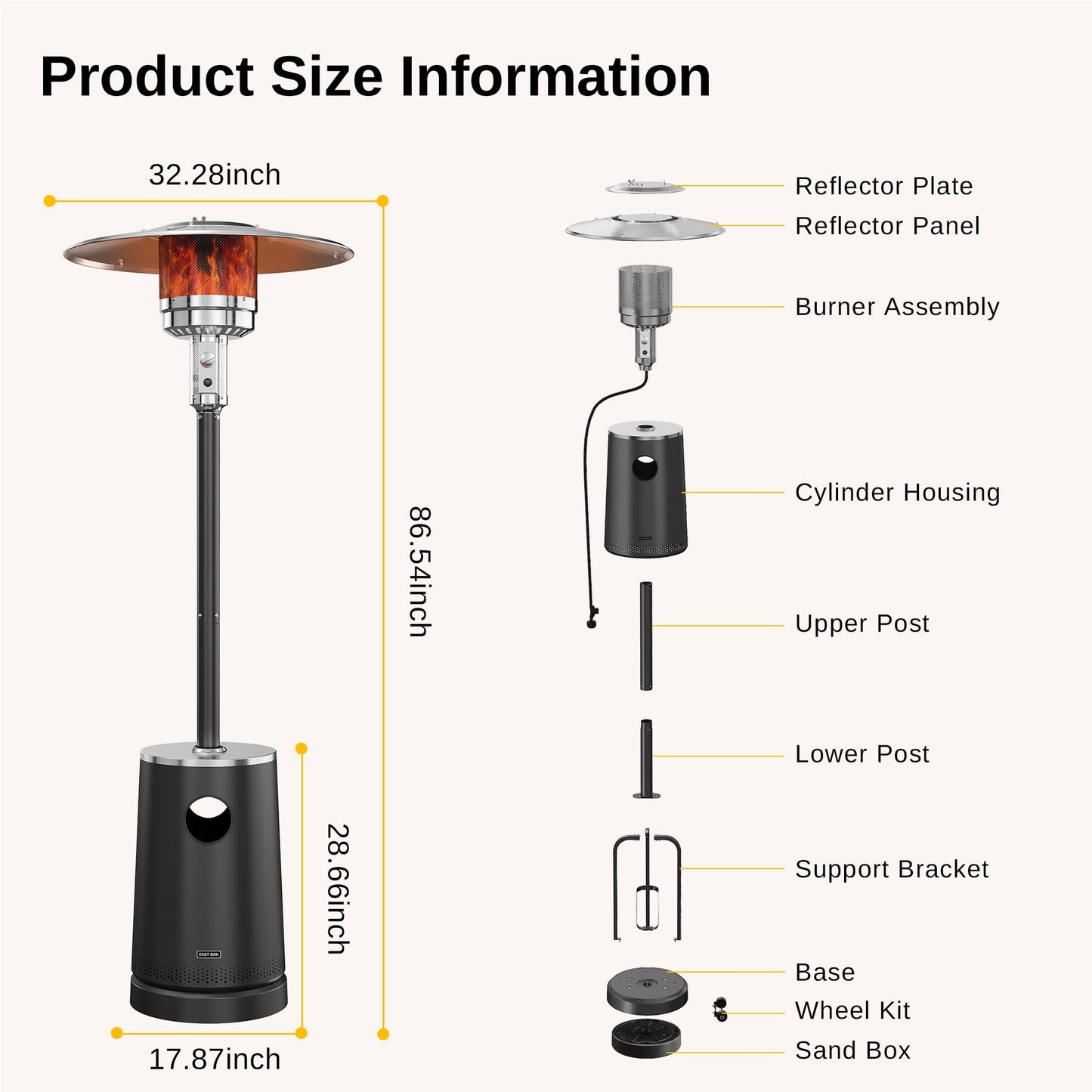 EAST OAK 50,000 BTU Patio Heater with Sand Box, Table Design, Double-Layer Stainless Steel Burner, Wheels, Triple Protection System, Outdoor Heater for Home and Residential, Polar Night