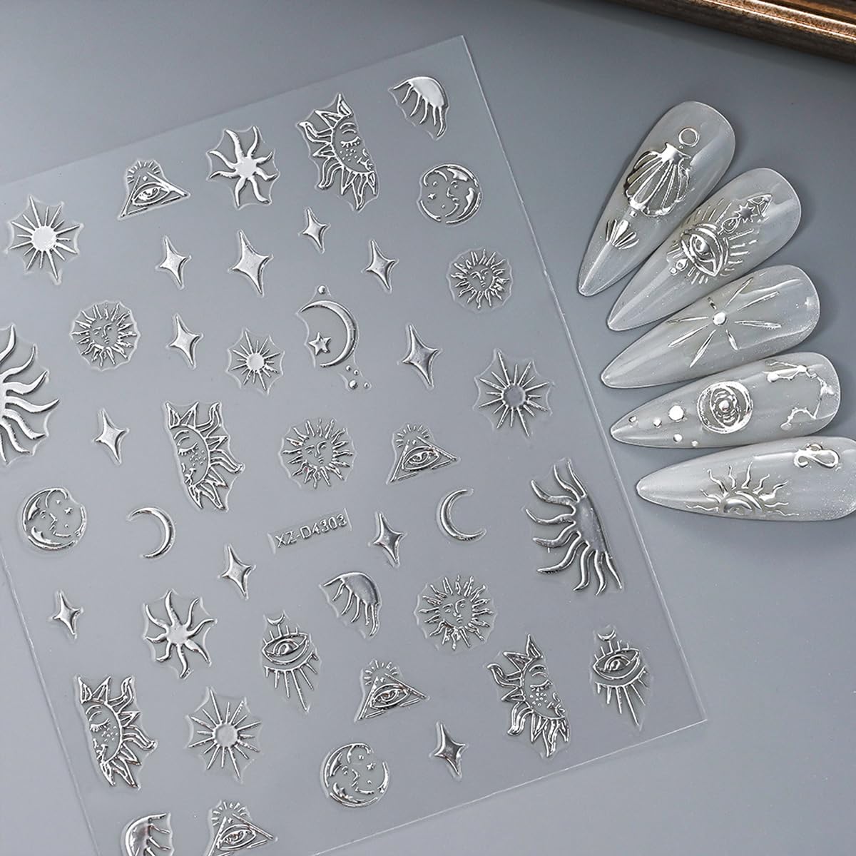 12 Sheets Silver Nail Art Stickers Star Nail Stickers Heart Nail Decals Self Adhesive Evil Eye Nail Art Supplies for Women Girls DIY Manicure Nail Art Decorations