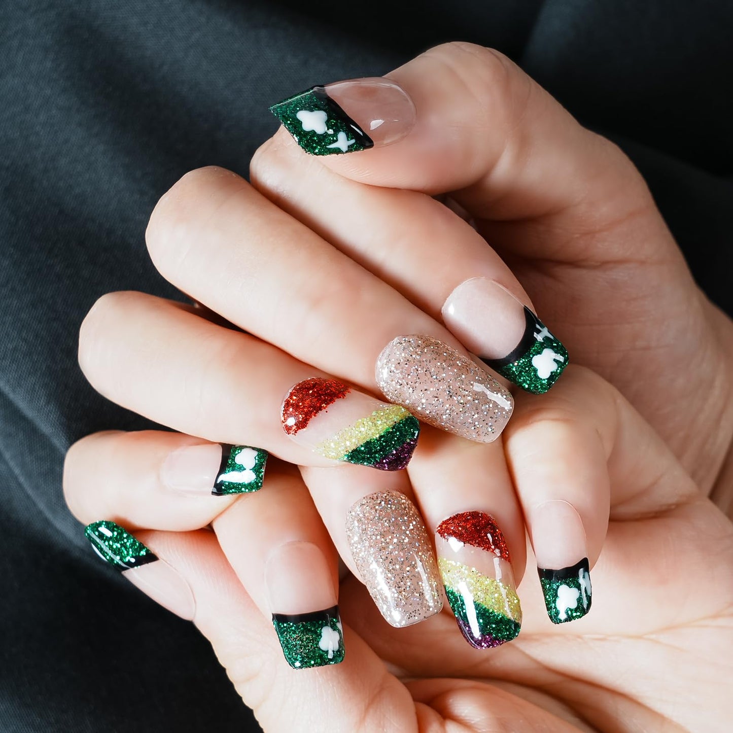 Tesytto Medium Square Press On Nails, Nude with Green Glitter French Tips and Hand-Painted White Clover, Rainbow Glitter Gradient Thick Acrylic Nails (Size M)