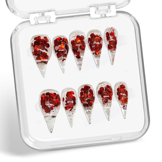 Handmade Press on Nails Luxury Handmade False Nails with Eagle Claw Art Design Red Glitter Sequin Fake Nail Muti-Layer Goth Stick on Nail Long Curved Stiletto Acrylic Nails for Women (M）