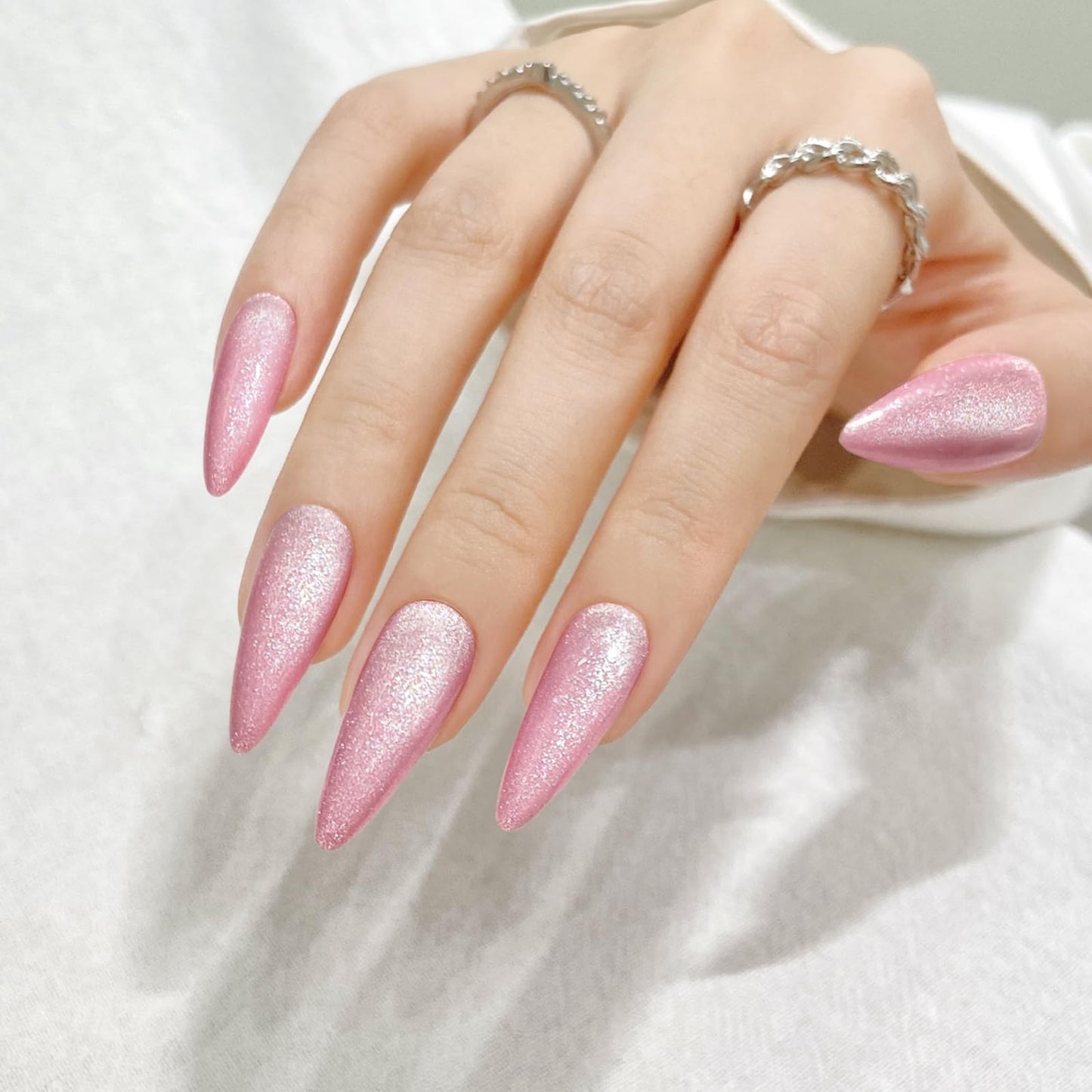 Pink Almond Cat Eyes Press On Nails,12 Sizes - 24 Pcs Soft Gel Pink Medium Fake Nails Kit with Nail Glue, Natural Reusable Stick On False Nails for Women and Girls SK1011