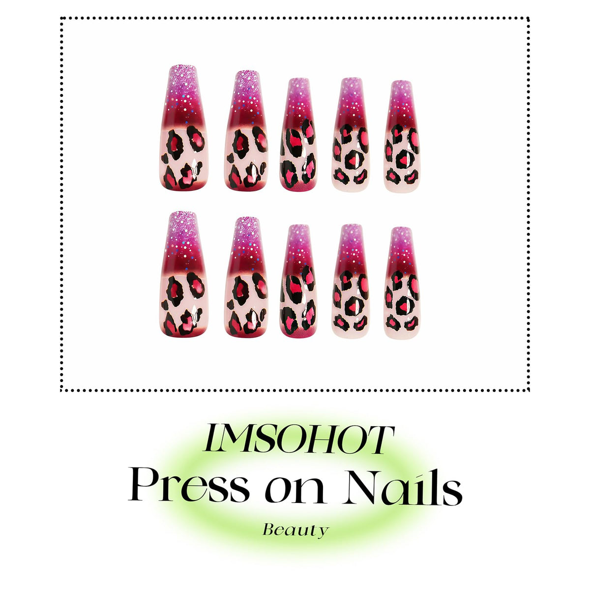 IMSOHOT Pink Press on Nails Long Coffin Fake Nails Leopard Print Designs Full Cover Glossy Glitter Gradient Acrylic Ballerina Stick on Nails for Women 24Pcs