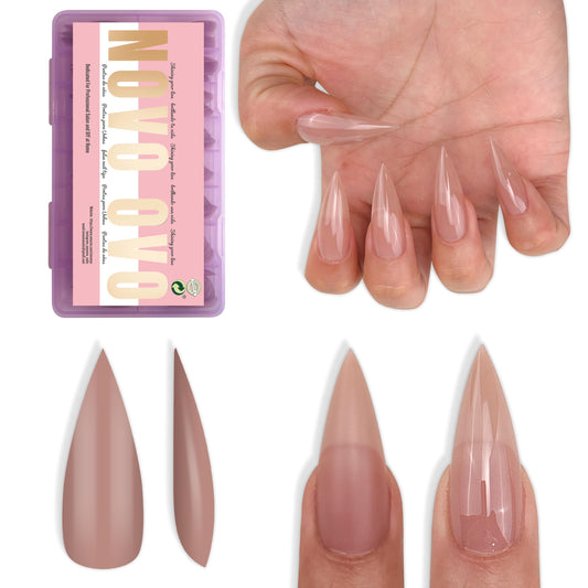 NOVO OVO Sharp Stiletto Nail Tips Press on Medium Long Pure Color Brown Pink, Pointed Soft Gel Fake Acrylic Extension, Full Cover False Nails for Salon DIY x 16 Sizes 224 pcs