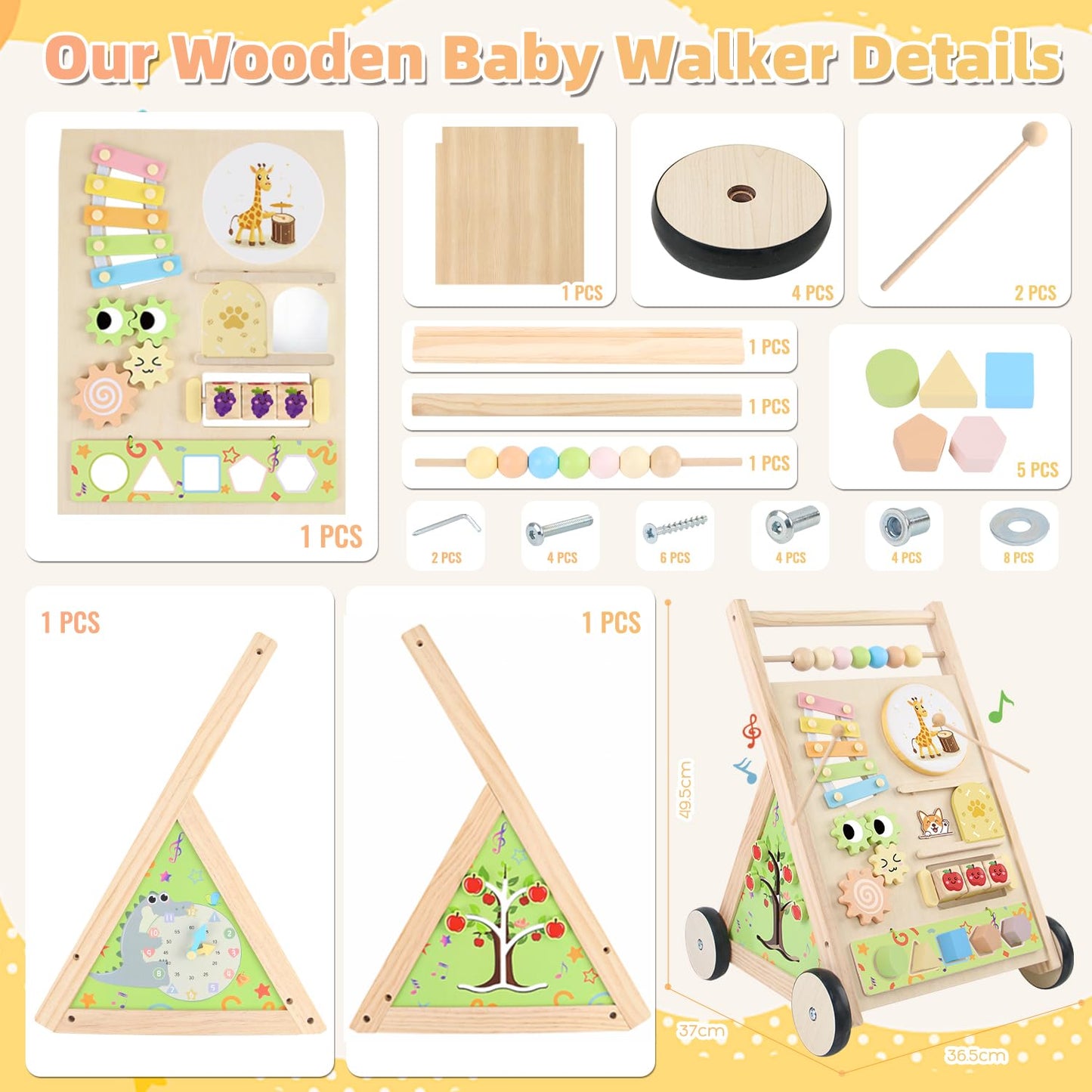 Wooden Baby Walker with Wheels Baby Push Walker for Boys Girls 6-12 Months Wooden Walker Activity Center Walking Toys for 1 Year Old Learning to Walk Sit to Stand Walker for Baby 12-18 Months Push Toy