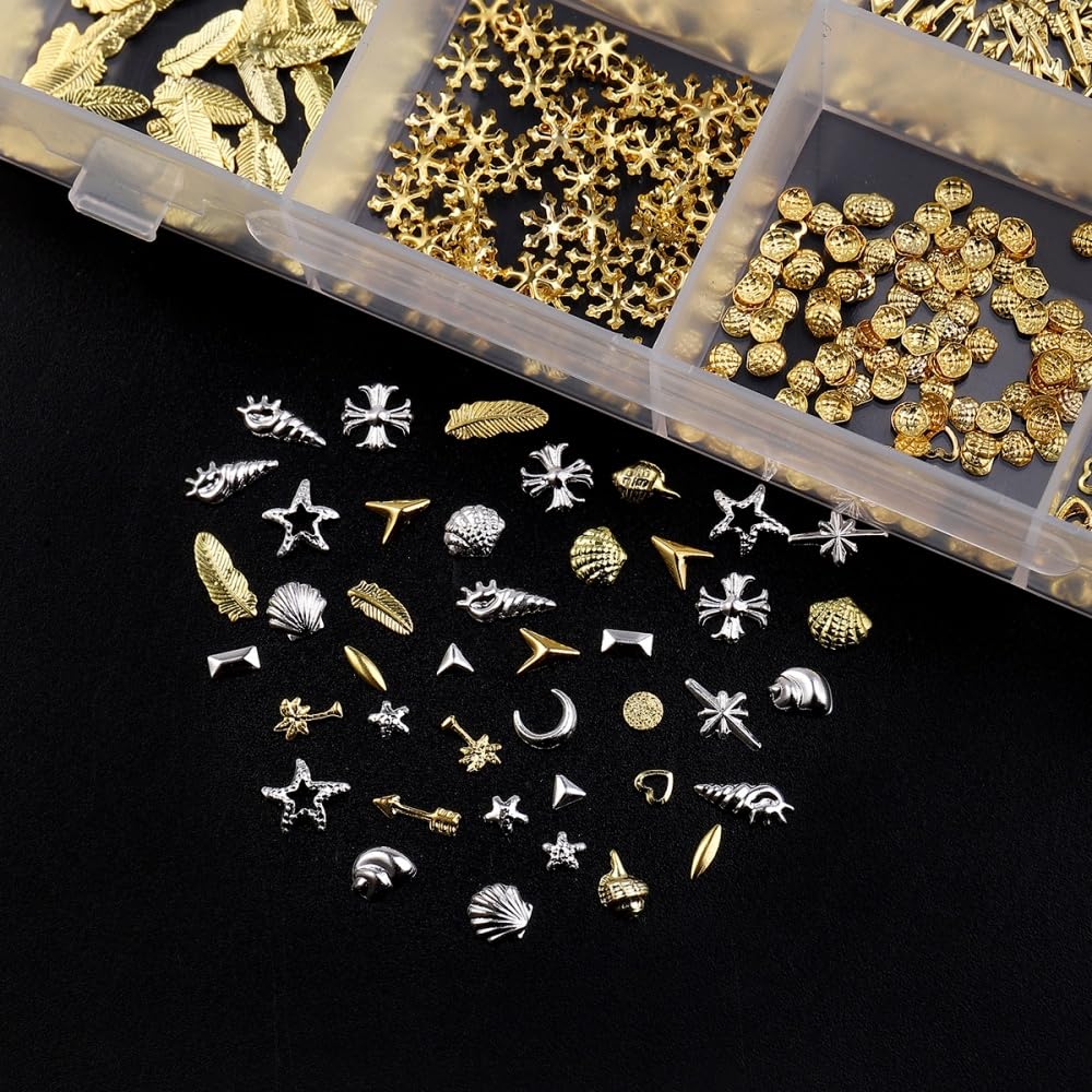 Gold Silver Nail Charms 3D Alloy Flower Nail Gems Metal Moon Star Nail Jewels Multi-Shapes Ocean Beach Starfish Seashell Leaf Nail Art Supplies with Tweezer for Women DIY Acrylic Nail 24 Grids 1 Box