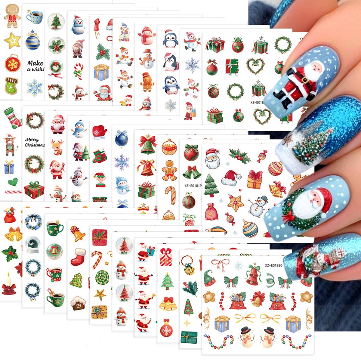 30 Sheets Christmas Nail Stickers Christmas Nail Art Stickers Santa Nail Decals Holly Candy Snowman Self Adhesive Deer Nail Art Supplies for Women Girls DIY Manicure Nail Art Decorations