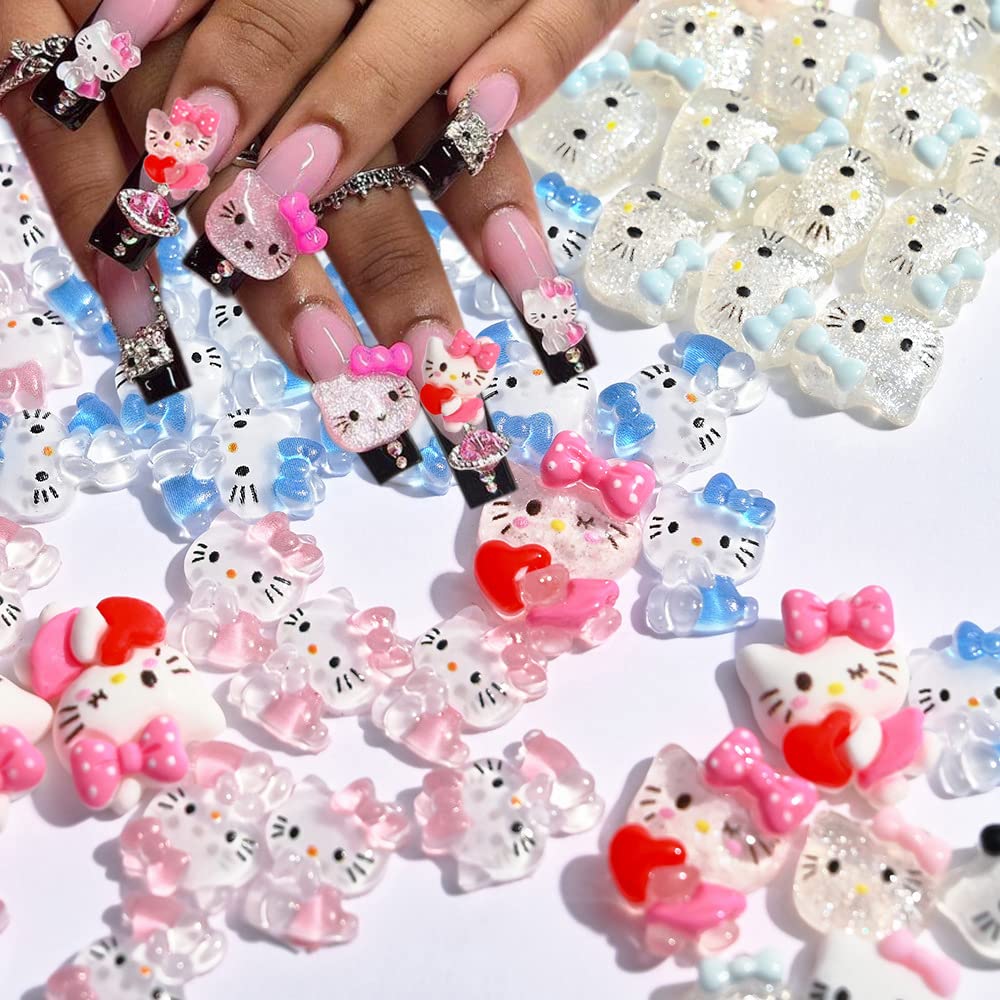 Kawaii Cartoon Cat Nail Charms 40Pcs Cute 3D Nail Art Charms Designs Cat Nail Jewelry Rhinestones Gems and Charms for Women DIY Manicure Decoration Accessories