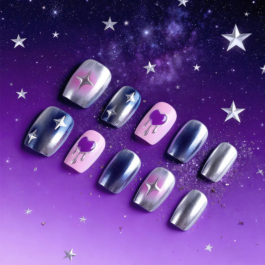 30Pcs Valentines Press on Nails Glossy Blue Aurora Powder Stick on Fingernails 3D Love Heart Acrylic Fake Nail Start Gel Glue on Nail Pink Gradient Short Square False Nails for Women Valentine's Gift