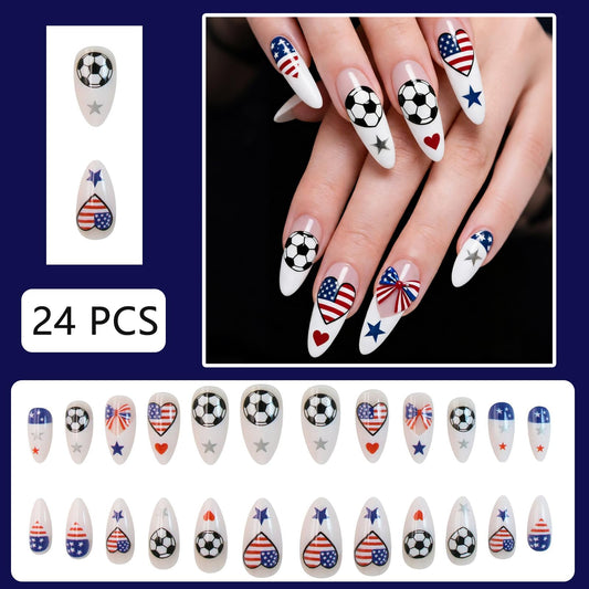July 4th Flag Soccer Theme Press on Nails Almond Fake Nails Independence Day Color-Blocked Soccer Ball False Nails USA Heart Flag Design Artificial on Nails for Women Girls Manicure Decoration 24Pcs