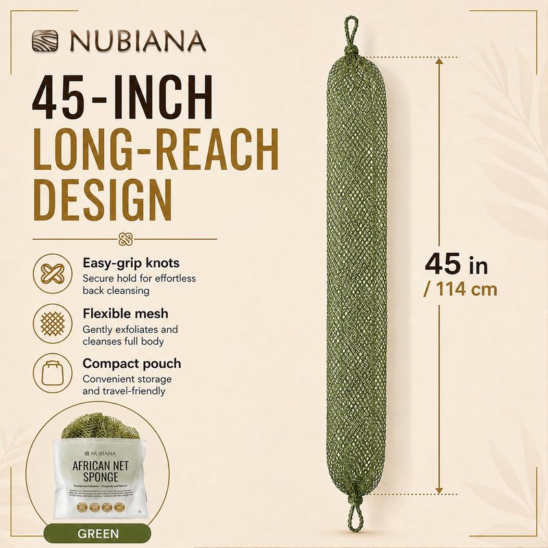 Nubiana African Net Sponge Authentic with Knots, 45 Inch Handwoven Nigerian Exfoliating Body Sponge with Handles, Quick-Drying Nylon Mesh Body Scrubber, Reusable Bath Sponge (Olive Green)