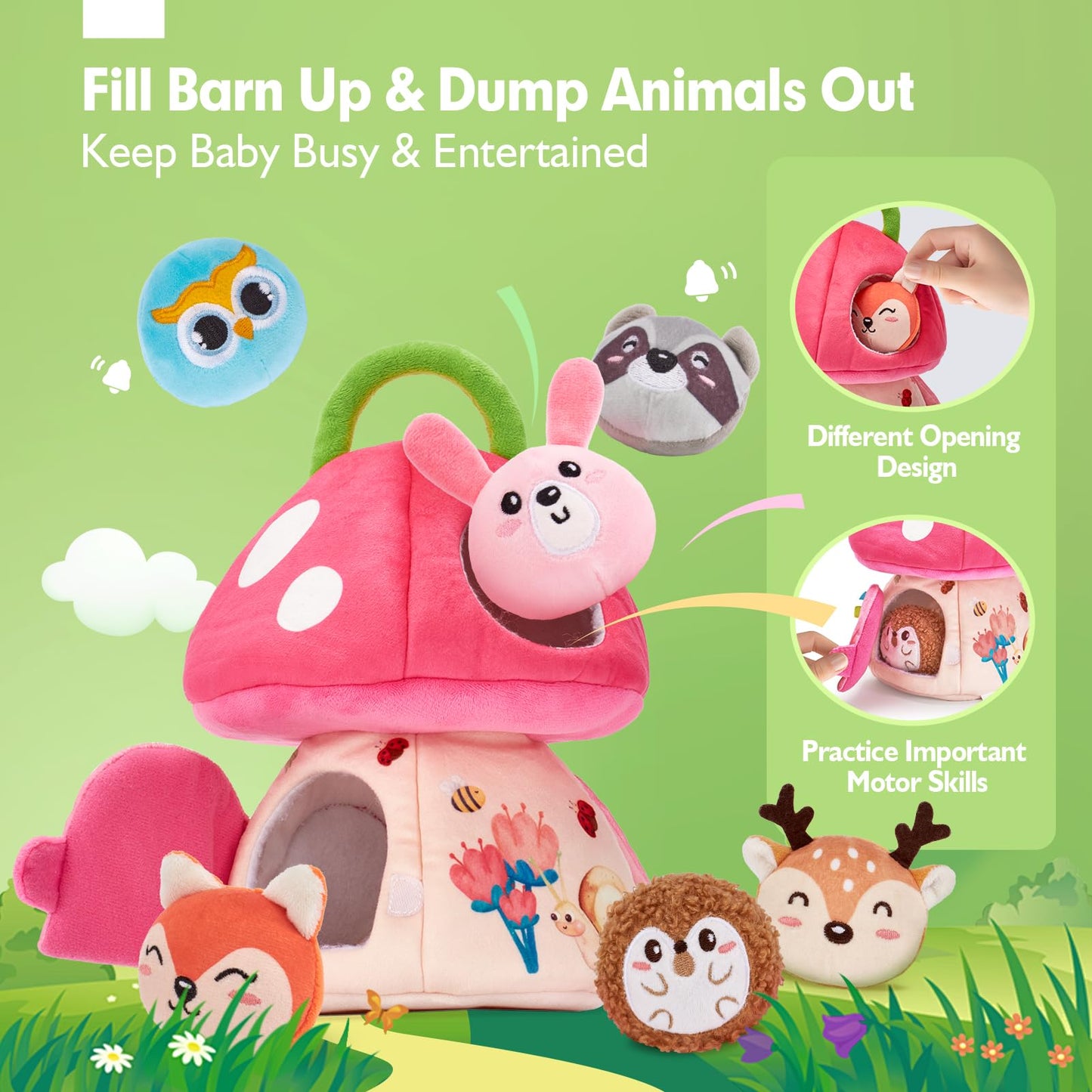 hahaland Baby Toys 6-12 Months - Montessori Toys for 6 Month Old Girl, My First Mushroom House with Stuffed Jungle Animals, Rattle, Crinkle Paper, Mirror, Sensory Toy Baby Girl Gifts