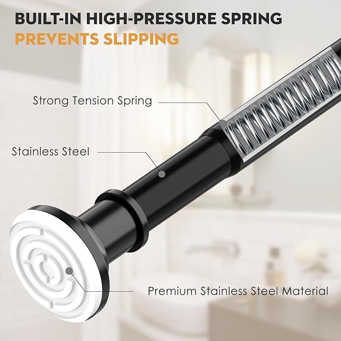 Tension Shower Curtain Rods 1.1" Diameter Black Long Curtain Rod 30 to 100 inch Adjustable Spring Heavy Duty Rods for Bathroom Windows Outdoor No Drill No Slip Stainless Steel